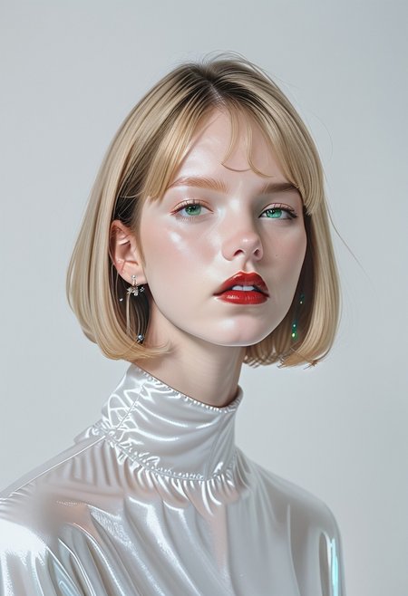 score_9, score_8_up, score_7_up, BREAK, ctdrm, dreamy, 1girl, solo, belatricepamford, jewelry, streetwear, earrings, portrait, parted lips, lips, simple background, red lips, short hair, green eyes, pale skin, light blush, soft lighting, ethereal mood