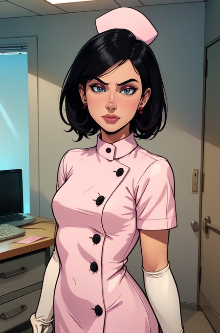 Girlfriend, black short hair, earrings, standing,  upper body, bored expression, 
GirNur,short white gloves , very small nurse cap, pink dress, white boots,
evil lair, 
(insanely detailed, beautiful detailed face, masterpiece, best quality) <lora:Gfriend:0.7>