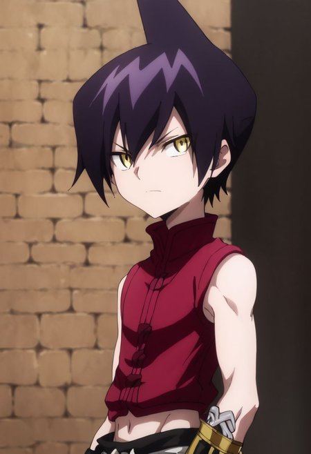 score_9,score_8_up,score_7_up,source_anime,1boy, solo,Tao Ren,purple hair, yellow eyes, Red shirt, sleeveless,midriff,
