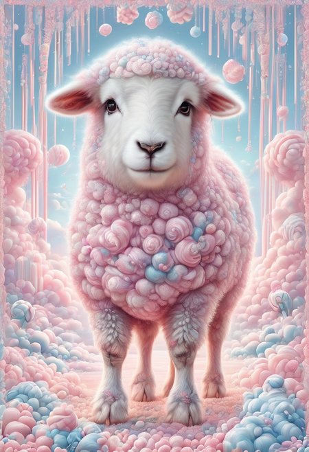 (cute sheep made of candy:0.9), cottoncandy, cute, no humans, solo, elaborate, (ultra realistic:1.1), (masterpiece, shiny:1.2), best quality, pastel colors, extremely detailed, intricate, detailed background,  safe_pos