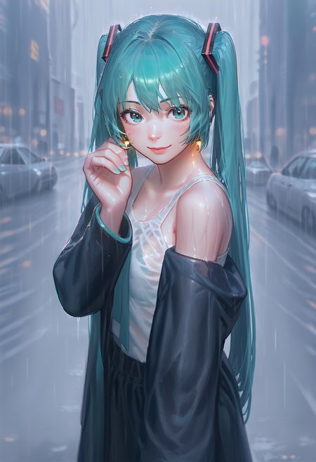 score_9, score_8_up, score_7_up, 1girl, hatsune miku, street, rain, earrings, light smile
<lora:guweiz_style_pony:1>