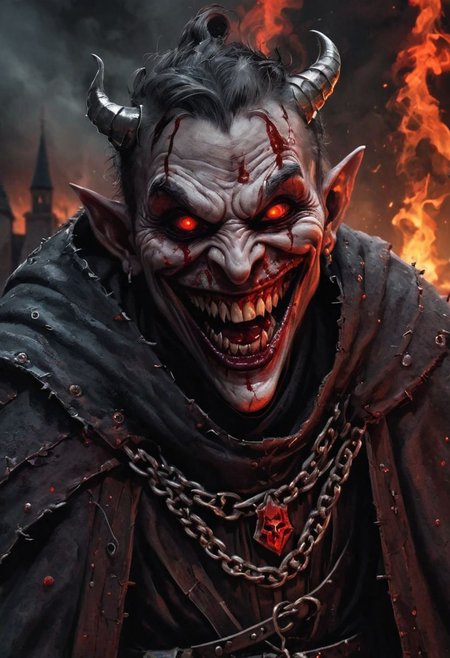 A chaos priest. Terrifying smile. Blood. medieval village. Insane. Insane. Terrifying. Night. DEVIL SPAWN