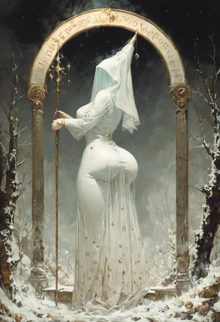 ((score_9, score_8_up, score_7_up)), (((character design, sci-fi warrior women, feminine power, perfect anatomy)))
, olivier ledroit "Requiem" style
 snowy forest background, holding a honeycomb staff, twinkling fairy lights.
, looking at viewer, seducing with her body, dancing towards viewer with her arms extending up, sexy ass seductive wide hips, butt cheeks, twerk, huge perky breasts, in the style of a vintage, high-contrast setting, Emphasize theatrical elements with bursts of bright colors against dark, moody backgrounds
,big butt, booty, bubble butt, emphasis on her ass, huge ass, steam sweat, seductive, butt slut,
<lora:add-detail-xl:2>