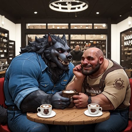 Large Werewolf and older  balding human male having cappuccino ,in cafe , face to face, fun, smiles, on date,  beard, nose ring, red eyes, mm, spiritbreakerpdxl, Strongman, manbear, werewolf, furry wolf, fangs, tail, PnyCmicPosXL, aidmaimageupgrader