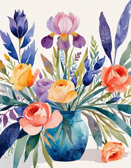 novuschroma45 style floral still life with irises, lavender, roses  <lora:sdxl_lightning_8step_lora:1> <lora:novuschroma45 style_simple:1>