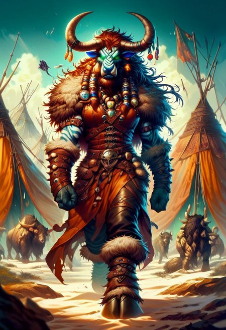 score_9, score_8_up, score_7_up, a tauren shaman, leather clothing, Flashfire glowing runes blue and green,