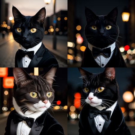 RAW photo, absurdres, high quality, photorealistic, detailed, realistic, 
a full shot portrait of an evil cat wearing a (tuxedo:1.2),
outdoors, street lights, night, harsh lighting, magical photography, dramatic lighting, photo realism, ultra-detailed, 35mm, f/2.8, 8k uhd, dslr, film grain,