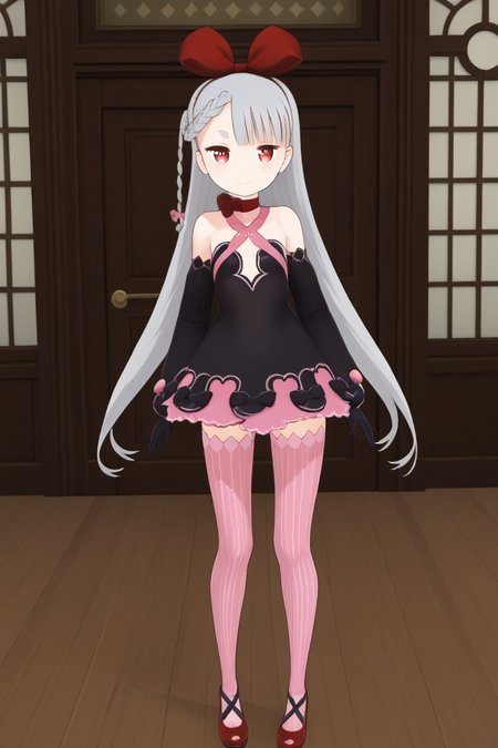 1girl, solo, axiasolidnnd, alternate_colors, grey hair, long hair, red eyes, symbol-shaped pupils, red bow, hair bow, hairband, red choker, black dress, criss-cross halter, detached sleeves, black gloves, pink thighhighs, vertical-striped thighhighs, red shoes, high heels, indoors, hands on hips, half-closed eyes, smile, smug, full body