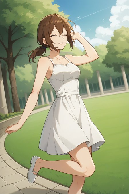 score_9, score_8_up, score_7_up, source_anime, 1girl, prefect lighting, very aesthetic, intricate details, highly detailed background, masterpiece, high quality, prefect hands, solo, best quality,
<lora:Yuriko_Hori_young_V1-000007:.75>, brown hair, medium hair, hair between eyes, closed eyes, brown eyes, low ponytail, straight hair,
White sundress, bare shoulders, 
jumping, in air, one leg up, smile, parted lips, dutch angle, from side, 
sunny, park, sidewalk, stone floor, grass, tree, cloudy sky, under shade, shade,
(Beautiful, medium Breasts:1.2), natural breasts,