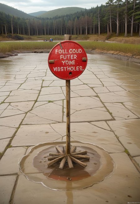 picturesque lake surrounded by a forest but is in a polluted dystopian landscape, in the foreground there is lake sign with the text" Croeso y llyn gellynoth. Oes yn y cont Iwan dewch"text:" <lora:text:.8>, human fecal matter on the floor in small piles, puddle of human waste with text"wow" <lora:text:.8>, written in it. wasteland, <lora:falloutlandsdxl:0.8>,  mushroom cloud in background