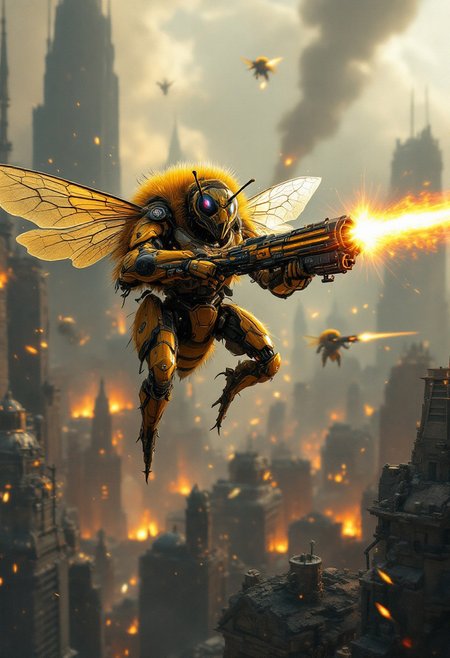 A city is overrun by an invading army of warrior space bees. A galactic space bee equipped with laser weapons is focused in view, firing a fantastic laser weapon. Space bees are vicious people of war, ridiculous in look and power.