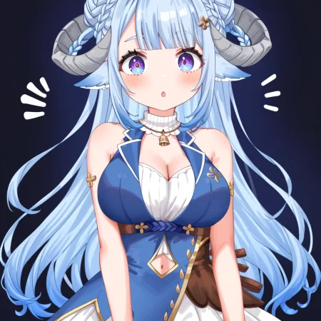 rating_questionable, 1girl, MinaiAruma, (open mouth:0.6), shock, surprised, wide-eyed, (trembling:0.8), blue long hair, grey horn, (double bun:0.7), waistcoat, (cleavage:0.8), (chibi:0.4), sleeveless, looking at viewer BREAK
dark background, simple background, 
<lora:MinaiArumaXL_autismmixPony:1>, bust, masterpiece, newest, absurdres, rating_safe, sfw