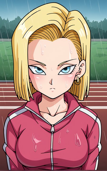 score_9, score_8_up, score_7_up, BREAK
TrackSuit_Android18_ownwaifu, android 18, 
1girl, blonde hair, blue eyes, eyelashes, forehead, short hair, earrings, jewelry, breasts, collarbone, 
pink jacket, pink pants, track suit, track jacket, track pants, long sleeves, pants, zipper,
looking up, portrait, rain, wet, wet clothes, closed mouth, sad, outdoors, <lora:PONYXL_DragonBall_Android18_ownwaifu:0.75>, solo,