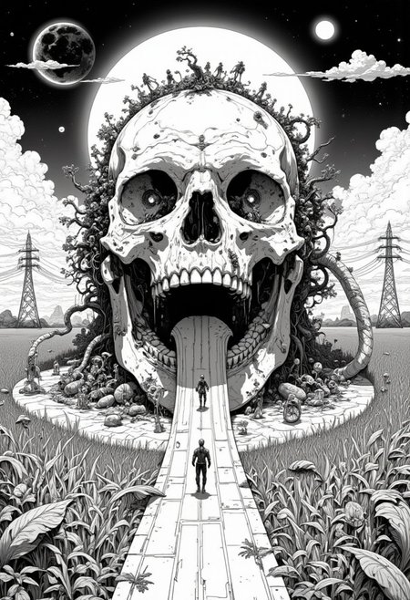 **(in Otomo Katsuhiro style:1.2), masterpiece, high-quality**, A large skull-like head rests on the ground, surrounded by long grasses. The skull is open at the mouth, with a long, thick tongue extending out and forming a surreal pathway that touches the earth. From the eye sockets, hard skull parts, and top of the head, vegetation grows, intertwining with the skull. Miniature humans walk and climb along the extended tongue, traveling in and out of the open mouth. The background is filled with exaggerated, surreal elements such as a glowing full moon with spirals of ancient energy, electric lines, electric posts, and enormous bicycle wheels. The entire scene is rendered in monochrome with intricate, fine details, minimalistic yet dramatic lighting, and high-contrast shadows that amplify the surreal, haunting atmosphere. The full moon glows with an ancient, ethereal light, casting soft reflections over the skull and the surreal pathway. 
**(elaborate fine details:1.1), (hyperdetailed:1.1), (intricate details:1.0), (refined details:1.1), (best quality:1.1), (high resolution:1.2)**, <lora:FLUX\artilands:0.6> <lora:FLUX\CPA:0.5>