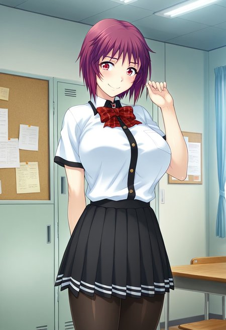 score_9,score_8_up,score_7_up,source_anime,5_figner,2d_animation,game cg,BREAK,1girl,solo,
Kushimi Inaho,short hair, red eyes,purple hair,spiky bangs
school shirt, short sleeves, black pleated skirt,black pantyhose,plaid bow,
school,class room,locker,window,indoor,curtain,bulletin board,
smile,cowboyshot,standing,blush,
masterpiece,best qualit,ultra-detailed,illustration,an extremely delicate and beautiful,beautiful detailed eyes,unity 8k wallpaper,high resolution,anime CG,official_art,