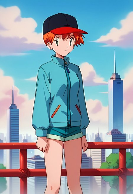 score_9, score_8_up, score_7_up, higres, source_anime
PKMNMisty, 1girl, orange hair, green eyes,
MistyDisguise, short hair, orange hair, eyelashes, baseball cap, black headwear, long sleeves, blue jacket, blue shorts,
standing, looking at viewer, cityscape, sky, day, clouds, solo