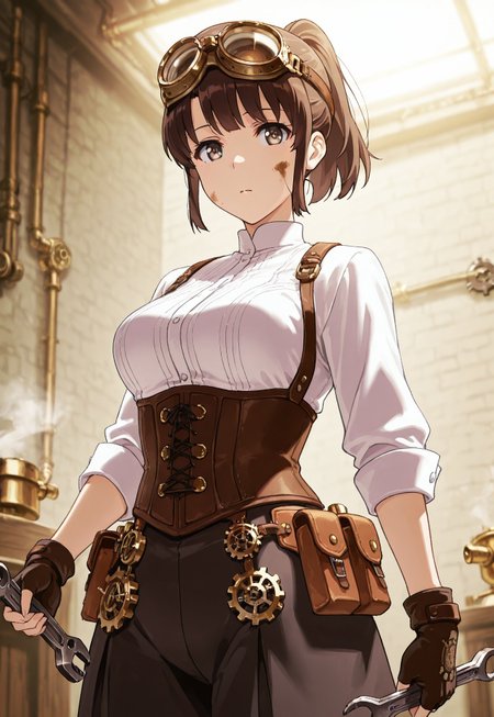 safe_pos, masterpiece, best quality, 1girl,Megumi <lora:IL-KatoMegumi:0.8>,brown hair,katou megumi,brown eyes,medium breasts, short hair, ponytail ,medium breasts,  looking at viewer, masterpiece, best quality, steampunk engineer outfit, leather corset with brass buckles, goggles on head, fingerless gloves, Victorian workshop background, brass gears and clockwork, steam pipes, vintage machinery, floating cogwheels, holding wrench, determined inventor expression, oil smudge on cheek, industrial lighting, copper and brass tones, steam effects, mechanical contraptions, detailed mechanical parts, dutch angle composition,((eye fix)),((fingers fix))