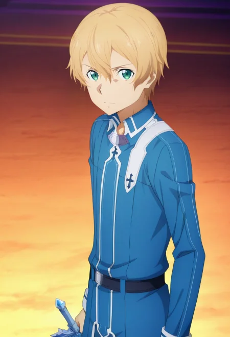masterpiece, best quality, , anime screencap, anime coloring, official style, looking at viewer, 1boy, solo, male focus, <lora:eugeo_sao_ilxl:0.98>, eugeo_sao, blonde hair, green eyes, bangs, hair between eyes, short hair, sword, ,