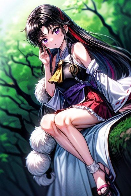 masterpiece,  best quality 1girl Setsun4 solo long hair,  (night time) forest background black hair very long hair purple eyes multicolored hair armor (fur trim) (medium body),<lora:EMS-179-EMS:0.800000>,<lora:EMS-293862-EMS:0.800000>ascot, bare shoulders, black footwear, detached sleeves, embellished costume, frills, japanese clothes, nontraditional miko, red skirt, sandals, sarashi, skirt, socks, white sleeves, white socks, wide sleeves, yellow ascot, zouri, armor, miko