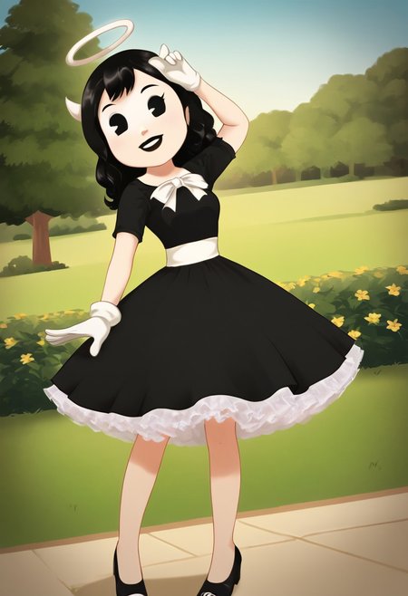 (Masterpiece, best quality:1.2), score_9, score_8_up, flat color, flat shading, soft shading, lighting, Alice Angel in a 1950's dress, a fluffy frilly ruffled full petticoat, and high heels, dress, layered petticoat, frilly petticoat, fluffy petticoat, full petticoat, wide dress, flowing dress, solid colored skirt, short sleeves, black hair, Bendy and The Ink Machine, series accurate, cute, best high quality, high res, black lips, white colored skin, whole body shot, 1girl, solo, outside, standing straight, in a garden, cute, adorable, smile, skirt tug, ground level angle, low upward angle, cartoon, cartoon style, vector, solo, circle dress, 1950s, alice angel