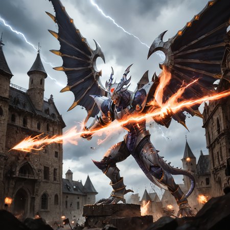 score_9, score_8_up, score_7_up, score_6_up, score_5_up, score_4_up, rating_safe,photo,realistic,cinematic,DLSR,film grain, zPDXLrl,solo,no humans,dragon focus,dorugoramon,wings,horns,cropped,upper body,miasma,darkness aura,glowing yellow eyes,red forehead gem,cloudy sky,lightning storm,castle,destroyed builging,lightning strike,flying,spread wings, <lora:DORUgoramonPony:0.97>