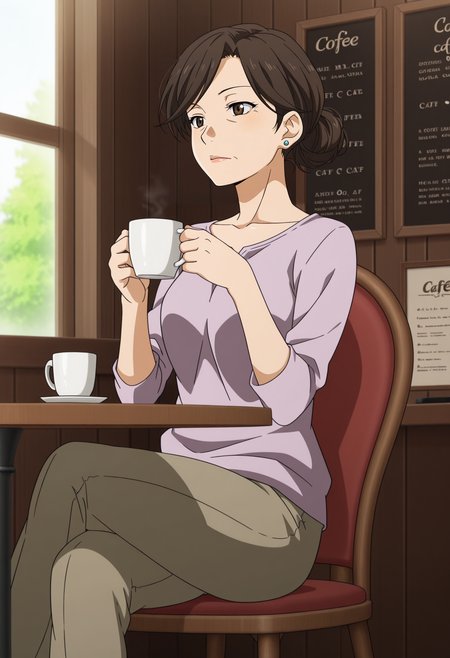 1girl,solo,mm,mature female,earrings,brown eyes,brown hair,single hair bun,anime coloring,
shirt,pants,sitting,on chair,crossed legs, holding cup,coffee mug, cafe
,masterpiece,best quality,amazing quality,<lora:Yuriko_Ochiai-Shigatsu_wa_Kimi_no_Uso:0.8>