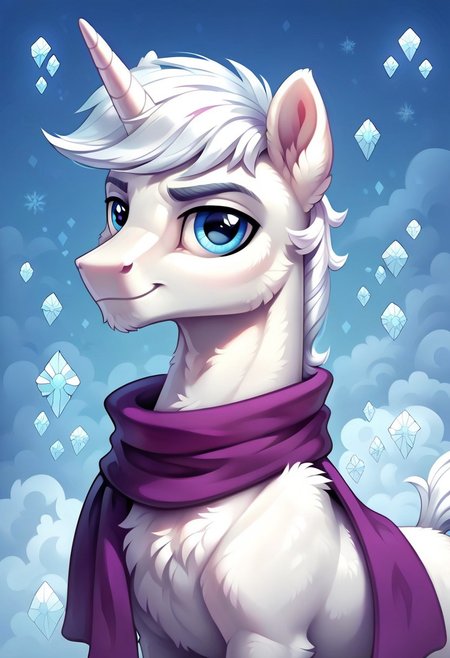 score_9, score_8_up, score_7_up, score_6_up, score_5_up, score_4_up, my little pony, ((feral pony)), ((double diamond)), 1MAN, ((solo)), (sexy), beautiful, detailed, (detailed handsome pony face), detailed blue eyes, ((detailed pure white fur:1.9)), muscular stallion:1.5, beautiful, vector, (beautiful feral unicorn pony), (beautiful white hair), (light blue crystal background:1.5), (looking at you), (calm expression), snowflakes, snowing, purple scarf