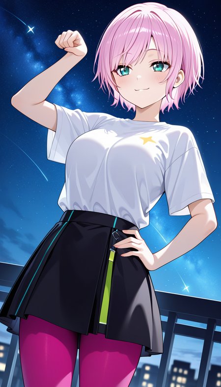 masterpiece, best quality, very aesthetic, absurdres,
solo, 1girl,

nijiriri, blue eyes, green eyes, pink hair, short hair,

smirk,

skirt, simple background, shirt, star \(symbol\), standing, white shirt, short sleeves, black skirt, hand on hip, t-shirt, pink pantyhose,

night, cat pose, outside, stars in sky,
