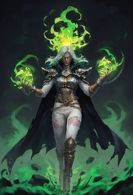 score_9, score_8_up, score_7_up, score_6_up, score_5_up, score_4_up,
<lora:FantasyPaintingsPonyXL:1> pa1nt1ng,
1girl, solo, long hair, looking at viewer, blue eyes, simple background, 1boy, holding, standing, full body, male focus, green hair, cape, armor, torn clothes, floating hair, colored skin, glowing, chain, black background, bug, butterfly, claws, cloak, glowing eyes, floating, walking, cuffs, ghost, blue skin, sharp fingernails, black cape, green skin, white eyes, no pupils, shackles, blank eyes, torn cape, fiery hair, spirit, torn, broken chain, green fire, torn cloak