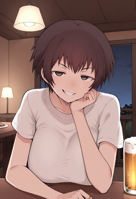 score_9,score_8_up,score_7_up,score_6_up,best quality,masterpiece, background is bar, hanging lamps, night, indoors, 1girl, solo, table, beer, alcohol,
 BREAK
fdmterasu, tomboy, short hair, brown hair, brown eyes, large breasts, upper body, smug, looking at viewer, one hand on chin, one arm on table,