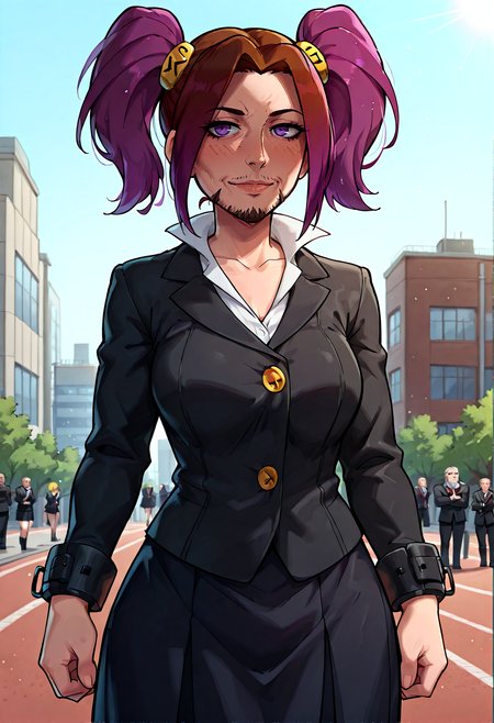 IllustriousQual, <lora:StS-Illustrious-Detail-Slider-v1.0:2> <lora:cfg_scale_boost:0.3> <lora:StS_Age_Slider_Illustrious_v1:3>,detailed_background,outdoors,marvel,short hair,solo,black jacket,skirt,gokugetsu academy uniform,closed mouth,hair ornament,1girl,cuffs,long sleeves,brown hair,solo focus,kaya rinha,buttons,highres,black skirt,gakuen idolmaster,wolverine \(x-men\),purple hair,x2 \(2003\),facial hair,twintails,looking at viewer,blue eyes,smile,x-men