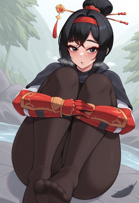 kuavera,  outdoors, undershirt, falling feathers, black bodysuit, hair stick, hugging knees, knees to chest, gauntlets, eyeshadow, red gloves, two sides up, black capelet, red hairband, black eyes, 1girl, solo, feet, visible breath, dynamic angle, foreshortening, smell, steam, onsen, water