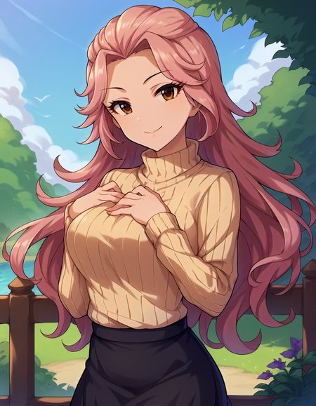 score_9,score_8_up,score_7_up,1girl,solo,cowboy shot,looking at viewer,smile,closed mouth,hand on own chest,outdoors,
<lora:hamakawaayuna_ponyXLV6:0.8>,cghayn,long hair,pink hair,brown eyes,ribbed sweater,black skirt