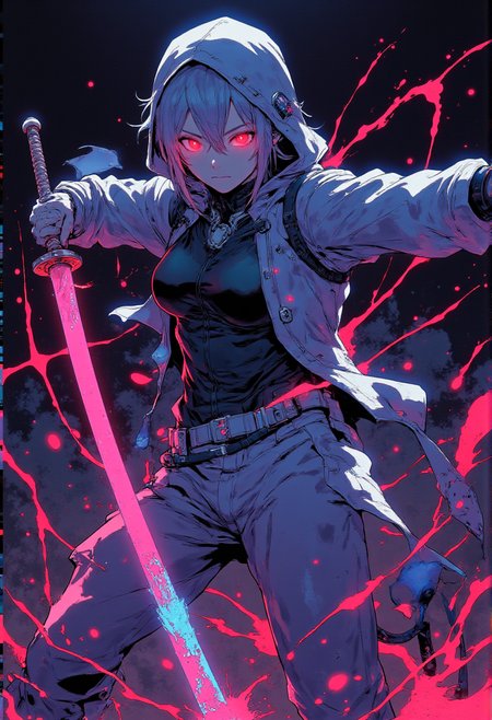 An ethereal assassin descends from the heavens, their body adorned with shimmering, liquid-like armor that refracts every color of the spectrum. Their katana is a blade of crystallized sound waves, vibrating and splintering into countless shards of iridescent light with each swing. The background is a chaotic swirl of cascading neon ribbons, their motion leaving trails of technicolor fire that dissolve into the infinite void. Their expression is calm but deadly, their glowing eyes resembling miniature supernovas, promising destruction with surgical precision.  shallow depth of field, two shot, split lighting, shoulder-level shot, cowboy shot