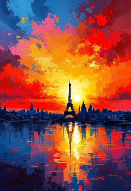 A vibrant and dynamic abstract expressionist painting of a spectacular Parisian sunset. The artwork features the city skyline silhouetted against a fiery sky, with bold, sweeping brushstrokes that capture the essence of a contemporary abstract style. The sky is filled with subtle cloud formations and variations in texture, creating a complex and nuanced atmosphere. The reflections on the water are intricately detailed, with nuanced color transitions and finer brush strokes enhancing the depth and realism. The seamless blend between the sky and the horizon showcases a natural transition from the bright sun to the darker areas, making this painting a true masterpiece of modern art., painting, vibrant, illustration