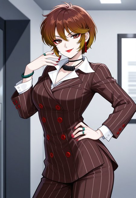masterpiece, best quality, 1girl, looking at viewer, smile, cowboy shot, assertive female, office
 <lora:zs_ReihoILLU:1> reids, multicolored hair, brown hair, blonde tips, short hair, pinstripe suit, brown suit, pinstripe pants, white shirt, lipstick, makeup, eyeshadow, nail polish, earrings, bracelet, black choker, ring