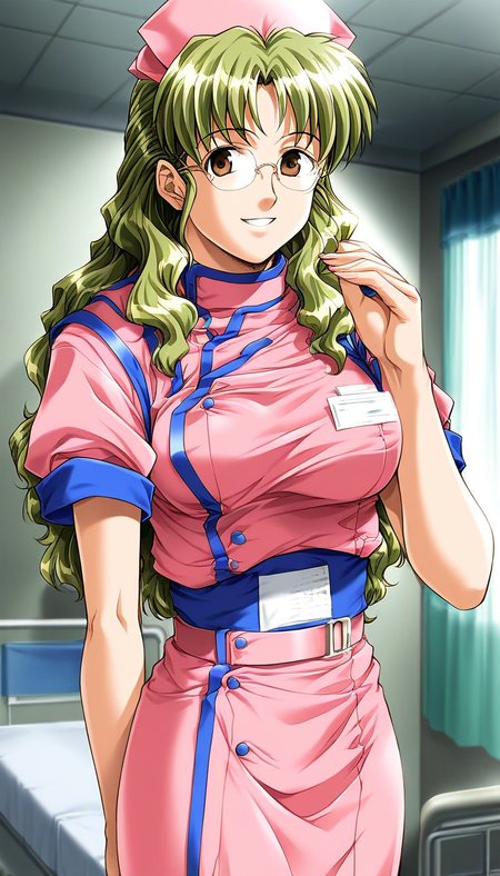 score_9, score_8_up, score_7_up, source_anime, rating_explicit, BREAK  <lora:Akimoto_Aoi_XL:1> Akimoto_Aoi, glasses, long hair, light green hair, brown eyes, breasts,
Akimoto_Aoi, 1girl, solo, nurse, hat, pink nurse cap, pink uniform, blue line, smile, belt, indoors, looking at viewer,
hospital, room,
