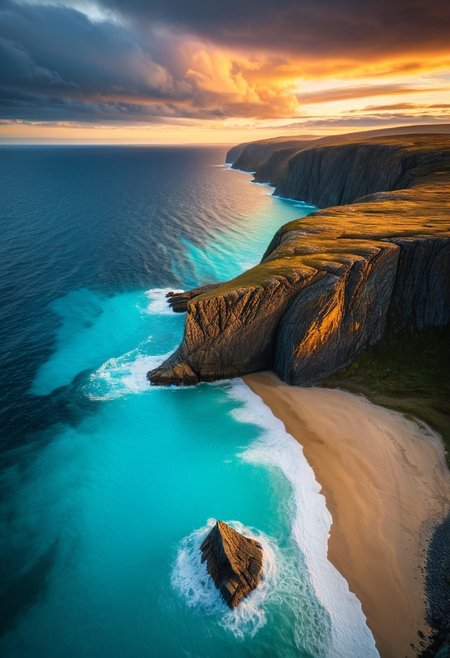 photograph, Norway, primeval nature, wilderness, desolate shore, thunder sky, azure clouds, pristine landscape, stormy ocean, albion cliffs, delicate scenery, beautiful atmosphere, professional photo, view from cliff, turquoise water, golden sand, luminous sunset, realistic, masterpiece, 8K resolution, ultra detailed, dim colors, high quality, depth of field, film grains,