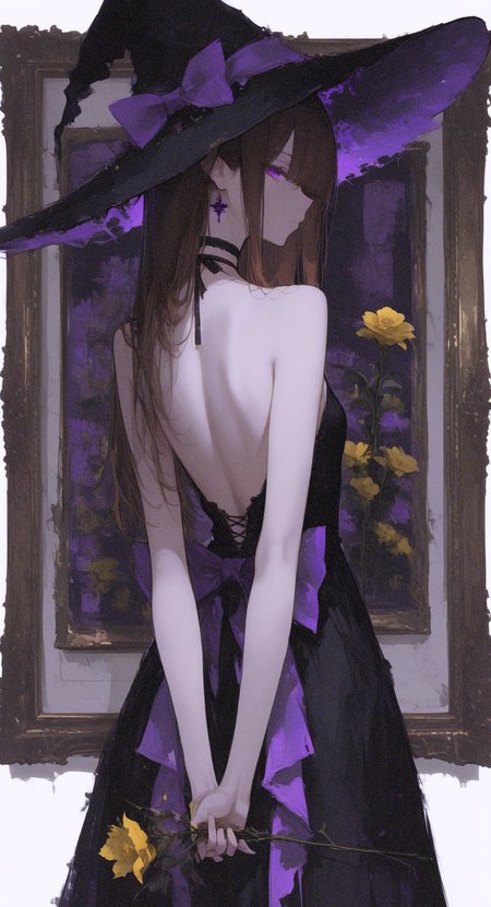 masterpiece, best quality, good quality, newest, highres, absurdres, 1girl, solo, long hair, looking at viewer, brown hair, dress, hat, holding, bow, bare shoulders, purple eyes, flower, cowboy shot, choker, looking back, from behind, black dress, black headwear, bare arms, black choker, witch hat, back, arms behind back, multicolored clothes, arm behind back, purple bow, yellow flower, backless outfit, holding flower, back bow, witch, bare back, backless dress, picture frame, painting \(object\), back focus, Cinematic Lighting, <lora:illustriousXL_stabilizer_v1.23:0.3> <lora:NOOB_vp1_detailer_by_volnovik_v1:0.3> <lora:ponyv6_noobE11_2_adamW-000017:0.3> <lora:r17329_illuu:0.7> <lora:XXX667:0.5> <lora:gs_style_ilxl_v1:0.7>