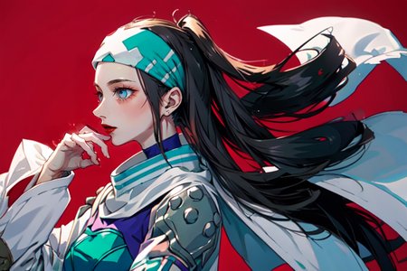 highly insanely detailed, masterpiece, top quality, best quality, highres, 4k, 8k, RAW photo, (very aesthetic, beautiful and aesthetic),  
beth_\(megami_tensei\),bethsmtii,shin megami tensei ii,long hair,black hair,straight hair,sleek black,jewelry,cross,headband,red_lipstick,Tokyo_Millennium,post-apocalyptic_city,dystopian_world,Valhalla,Entertainment_district,Order_of_Messiah,Religious_order,messianic_cult,divine_rulers,Millennium_News_Network,City_news,propaganda_broadcasts,information_contro,Great_Cataclysm,World_ending_event,apocalyptic_disaster,city_rebirt, 
<lora:zs_Beth:1>, 
(1girl:1.3), 1other, 
(pure red background,transparent background:1.2),âââ