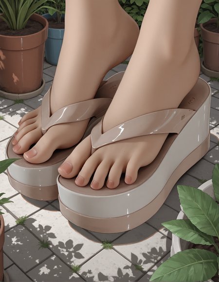 masterpiece, best quality, 
(mlsa flip flops), (platform footwear:1.2),
feet only, foot shot, foot focus,
from side, from above, (tiptoe:1.2), (spread toes),
1girl, 
gardening, plants, plant pots, outdoors, dappled sunlight,