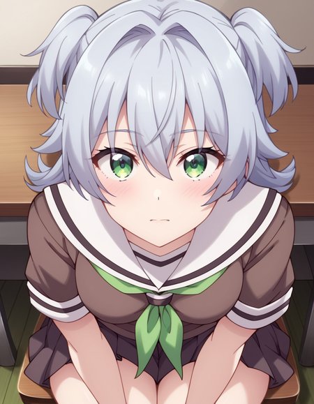 score_9, score_8_up, score_7_up, source_anime, uncensored, <lora:StS_detail_slider_v1:3>, zPDXLxxx, <lora:Sora_Tenkuji_PONYXL_VexVexX:1>, SoraTenkuji, green eyes, grey hair, long hair, bangs, hair between eyes, two side up, medium-small breasts, school uniform, skirt, brown skirt, pleated skirt, shirt, brown shirt, short sleeves, sailor collar, white sailor collar, green neckerchief, cowboy shot, bedroom, from back, Sitting on the edge of a stool with legs together and slightly bent, leaning forward with elbows on knees and hands clasped together, thighs, looking at viewer