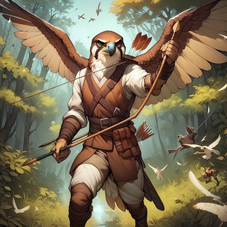 score_9, score_8_up, score_7_up, score_6_up,anthro, falcon, clothes, brown and white feathers, archer, bow, quiver, arrows, outdoors, forest, shooting, motion lines, cartoony, drawing, detailed, <lora:Anthro_birds_for_pony_-_2:0.9>