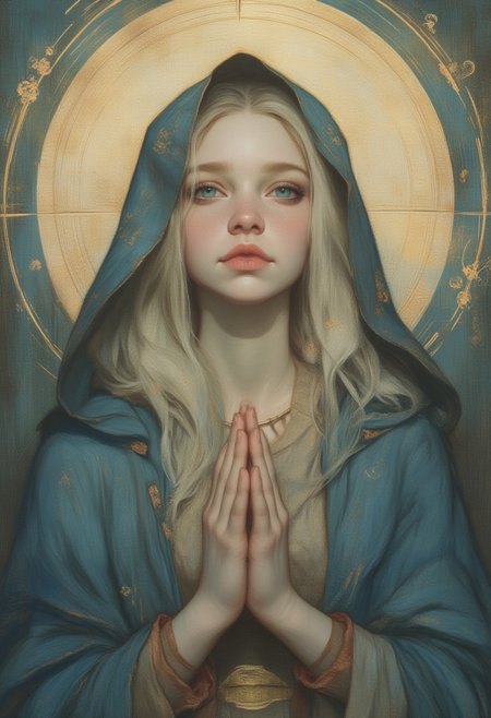 OBxiaoxiang,
 beauty, minimal moody portrait of  1girl, solo, 18 year old, virgin Mary, sky blue mantle, golden veil, ice blue eyes, medium blonde hair, long hair, pale skin, coy, small smile, blush, head to toe portrait, cute pose, coy, red lipstick, dramatic eye shadow, posing, divine, magic circle background, medium size tits, petite ,small hips, detailed eyes,), astral glowing aura, artistic, masterpiece, cinematic magic art dynamic pose, abstract expressionism mannerism, lights and shadows, glowing sparks,