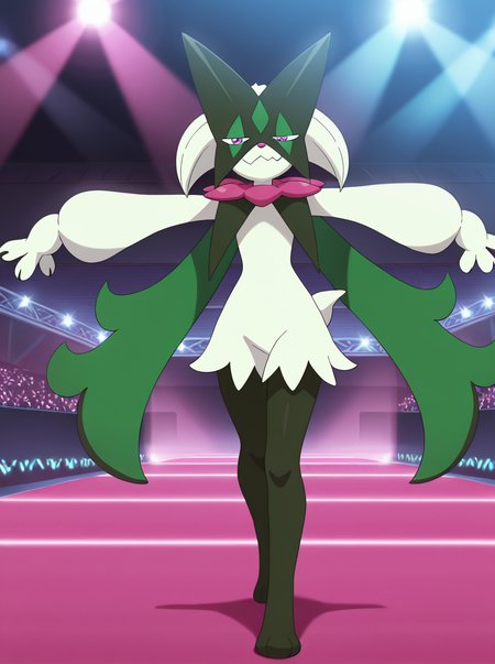 masterpiece, best quality, amazing quality, very aesthetic, absurdres, newest,  anime screenshot anime coloring, <lora:MeowscaradaIllust:1>masquernyaillust, pokemon (creature), furry, solo, no humans, smile, pink eyes  standing,  smug, outstretched arms,  stage,  stage lights,  reflector