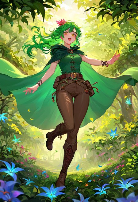 (score_9, score_8_up:1.1), score_7_ up, highly detailed, , zPDXL, ((1 girl,)) slender, petite ,Mythical forest nymph, wild and untamed, vibrant green hair flowing down to her waist, sparkling amber eyes, barefoot with leaves and flowers adorning her ankles and wrists, simple green tunic made of leaves and grass. she wear Dark green cloak with fur detailing, matching hooded tunic with leather belt, brown pants with lace up the side, black riding boots ,  dynamic pose, detialed background
, masterpeice, detailed, intricated details, 8k, ultraclear <lora:detailed_notrigger:1>, wide angle, detailed scene, detailed faces, perfect quality, tranding on artstation, incredible details , Painstaking Attention To Details ,  <lora:OMG-Is-DucHaiten_v1.0:1> ziprealism