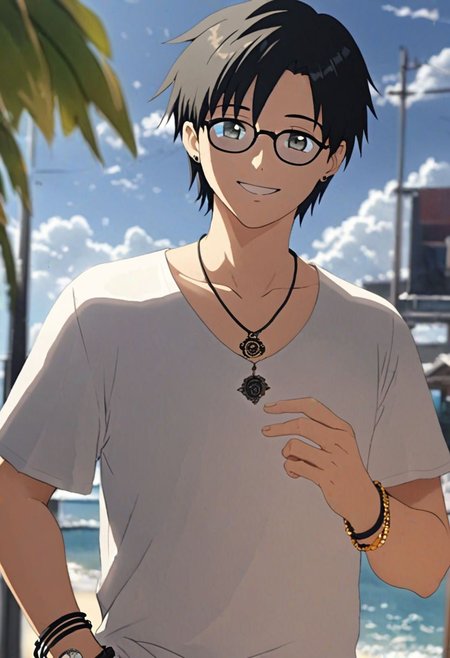 Highres, Masterpiece, High Quality, 4K, 8K, solo, 1Boy, Takaki Toono, adult, black hair, short hair, sunny, cloudy, posing, candid, sweet smile, photo model, earrings, necklace, bracelet, anklet, ring, fake glasses, easynegative, detailed_eye_model