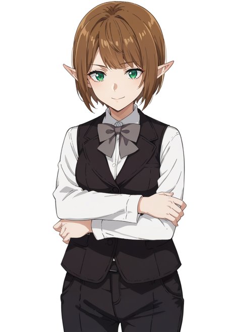 score_9, score_8_up, score_7_up, source_anime, 1girl, solo, Ein3Tu113, green eyes, brown hair, short hair, pointy ears, GuildOutfit, black vest, white shirt, collared shirt, grey bowtie, long sleeves, belt, black pants, crossed arms, <lora:Eina Tulle - Danmachi V3 KKS Ver-000010:1>, white background, standing, smile