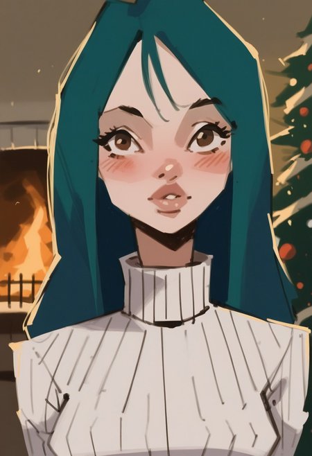 score_9, score_8_up, score_7_up, portrait, digital painting of PMSuzie, 1girl, long hair, green hair, brown eyes, looking at viewer, full lips, large breasts, narrow waist, high contrast, shadows, charcoal sketch, blushing, white turtleneck sweater, indoors, Christmas tree, fireplace