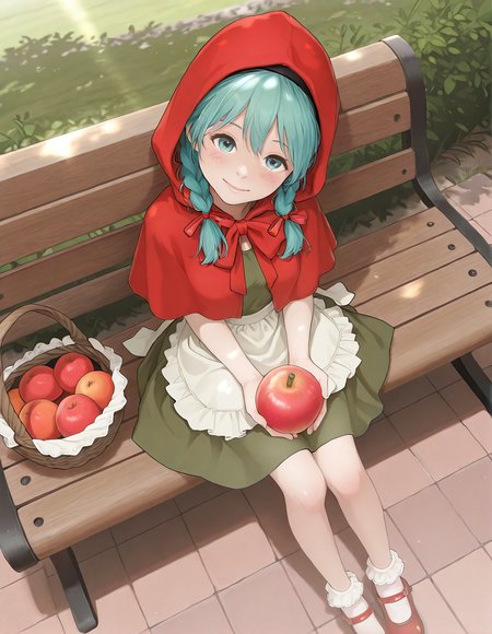 1girl sitting on a park bench, dutch angle, happy, hatsune miku, , blush , low twin braids, hairband, red capelet, mary janes, red footwear, socks, frilled socks, green dress, white apron, head tilt, hood up, hair ribbon, red ribbon, ankle socks, sunlight,  from above, holding a fruit basket
<lora:redlight_style_illustrious_v3:.8>
